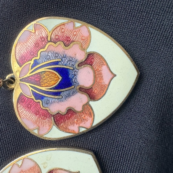 Cloisonné Floral Heart Earrings with Pink and Blue Accents - Picture 2 of 4